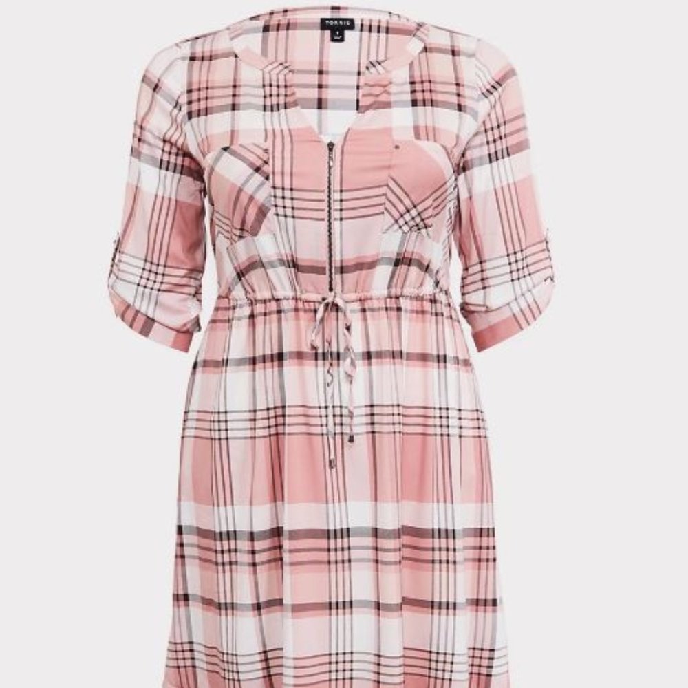 Torrid BLUSH PINK PLAID ZIP CHALLIS SHIRT DRESS